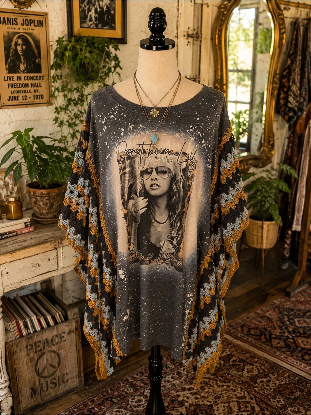 Graphic Crochet-Trim Poncho Tunic - Charcoal & Mustard